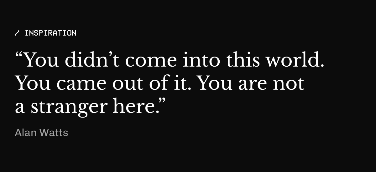 / inspiration “You didn’t come into this world. You came out of&nbsp;it. You are not a&nbsp;stranger here.” Alan Watts 