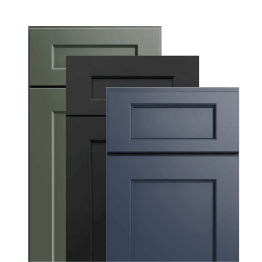 Three colored cabinet doors, green, black, blue.