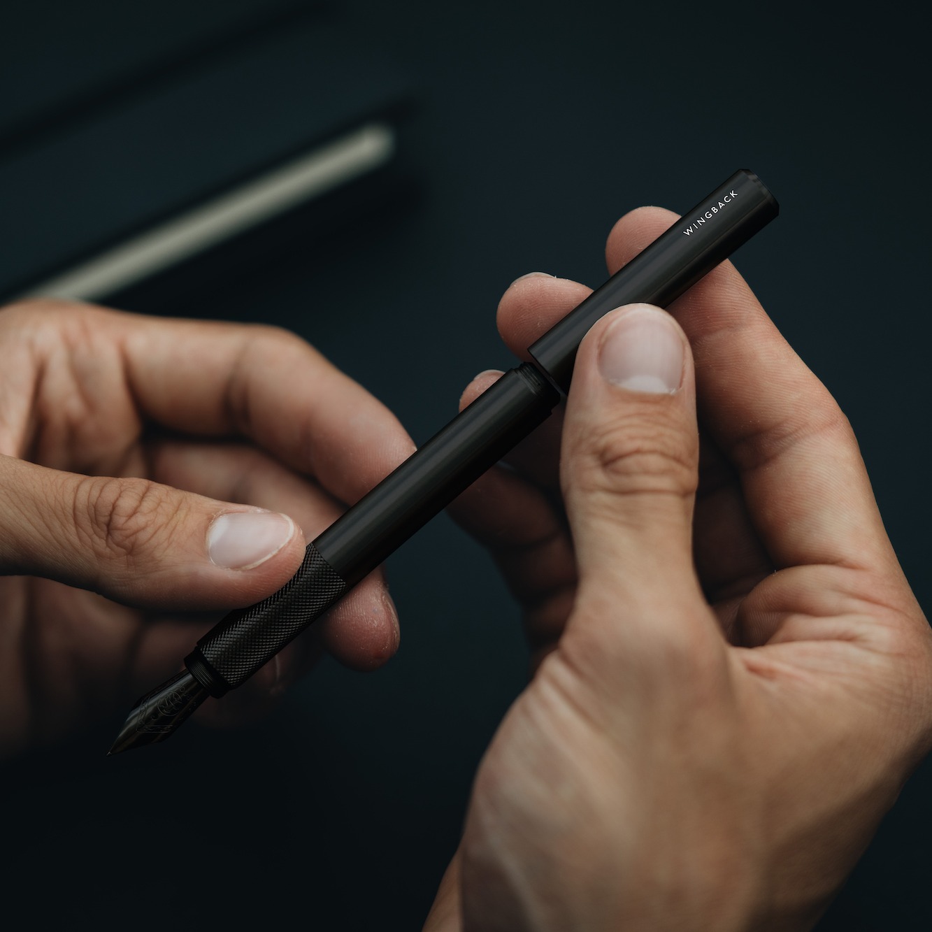 Wingback Fountain Pen in Black Steel in hands