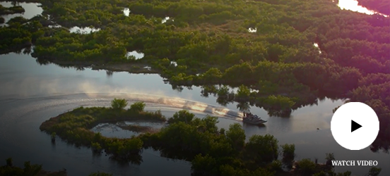 Aerial view of an airboat going through wetlands in the Everglades