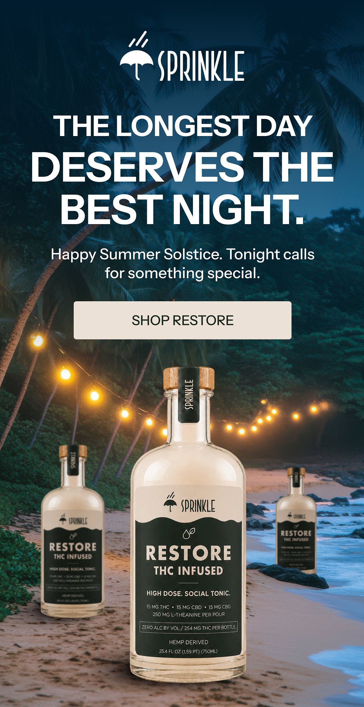 Restore THC infused tonic by Sprinkle with beach and string lights background.