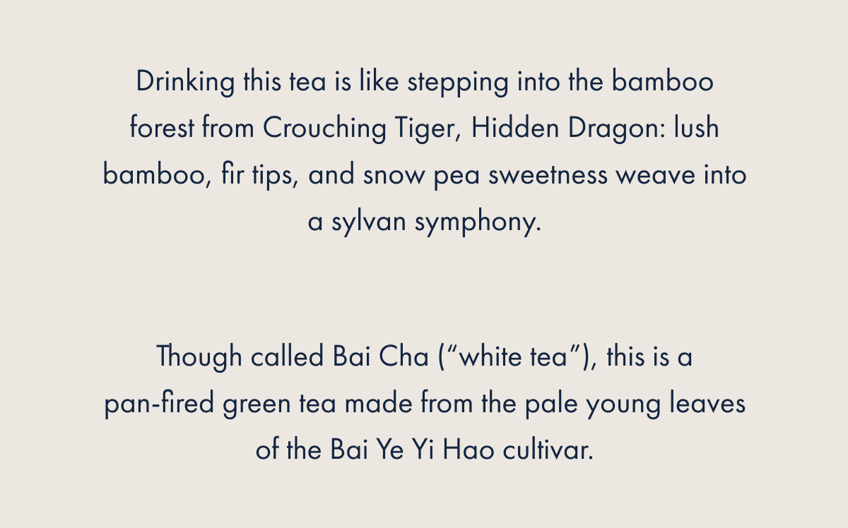 Drinking this tea is like stepping into the bamboo forest from Crouching Tiger, Hidden Dragon: lush bamboo, fir tips, and snow pea sweetness weave into a sylvan symphony.  Though called Bai Cha (“white tea”), this is a pan‑fired green tea made from the pale young leaves of the Bai Ye Yi Hao cultivar.