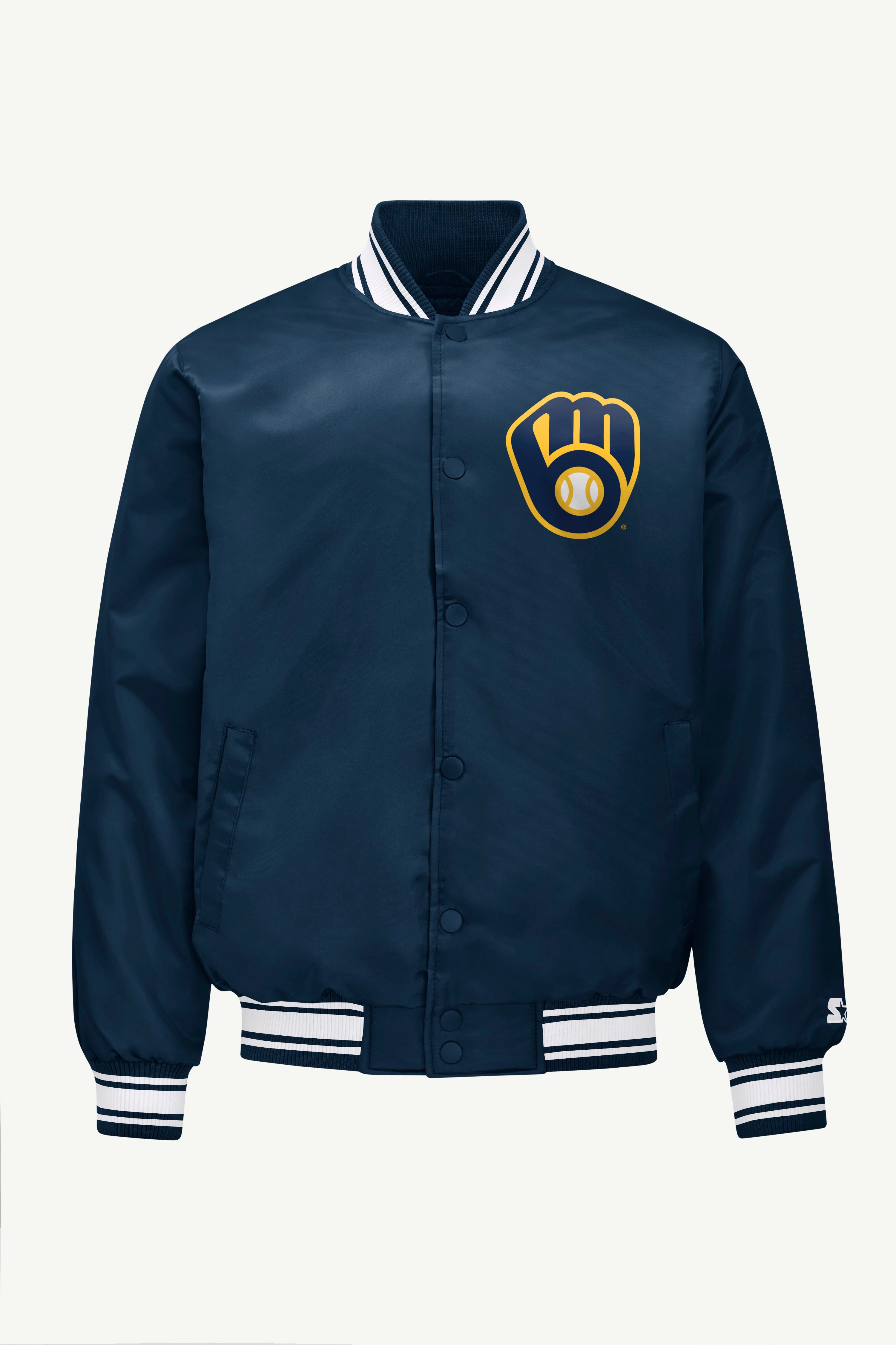 Image of MENS MILWAUKEE BREWERS PRINTED HOMEPLATE SATIN VARSITY JACKET