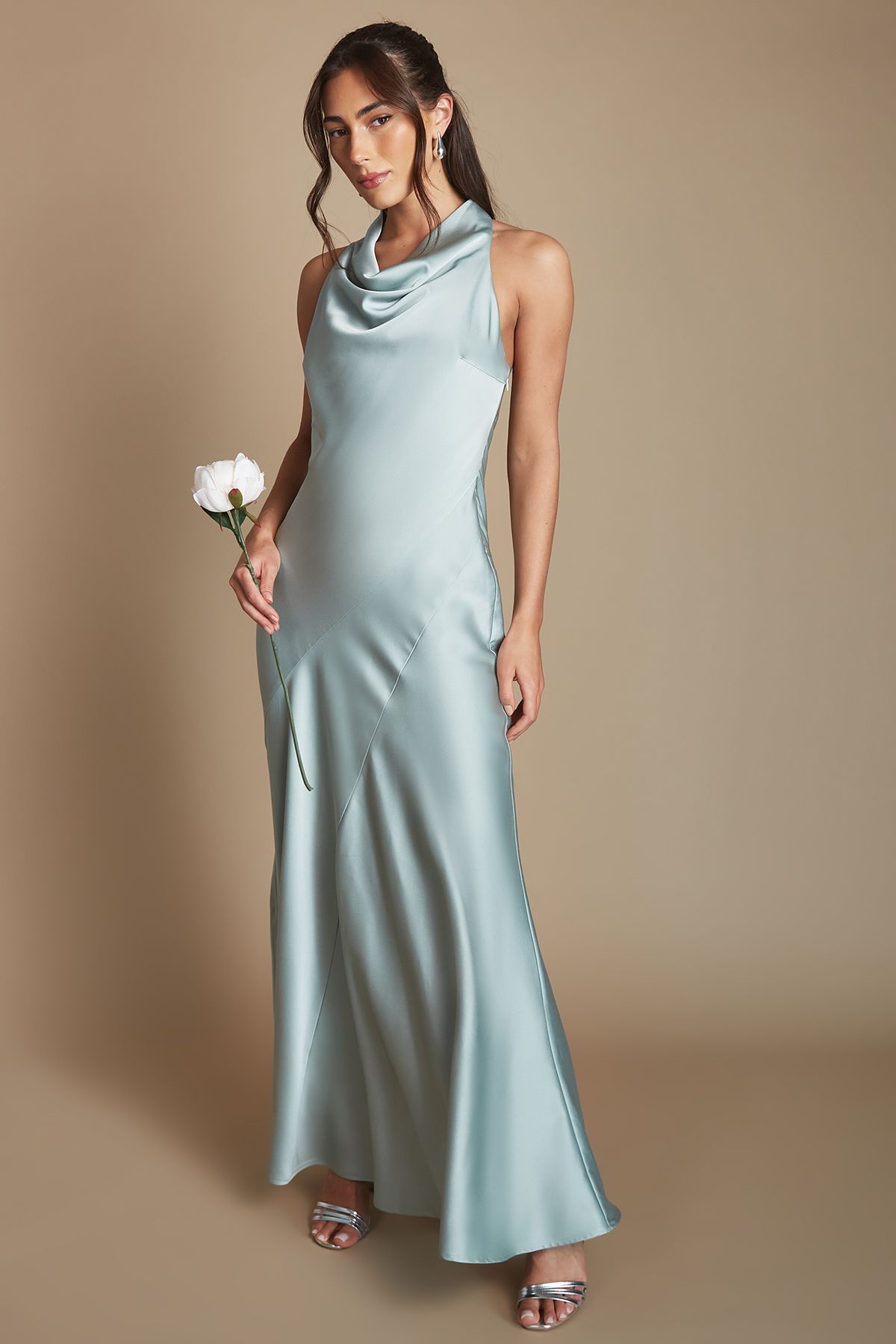 Sage Cowl Halterneck Satin Maxi Bridesmaid Dress