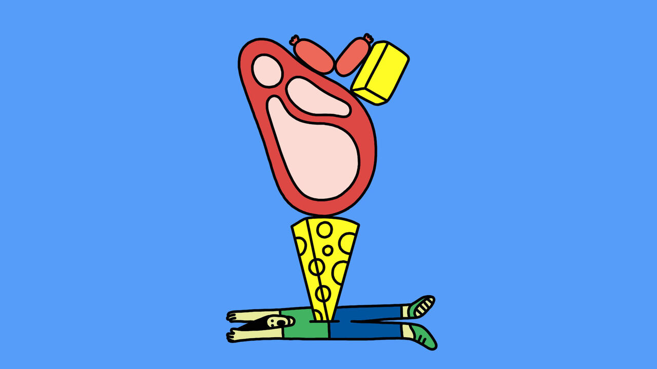 Illustration of a person getting stabbed by a triangle of cheese, topped by steak, sausages and butter. 