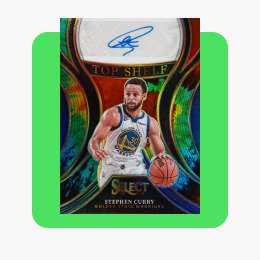 A 2023-24 Panini Select Top Shelf Signature Stephen Curry card against a lime green tile.