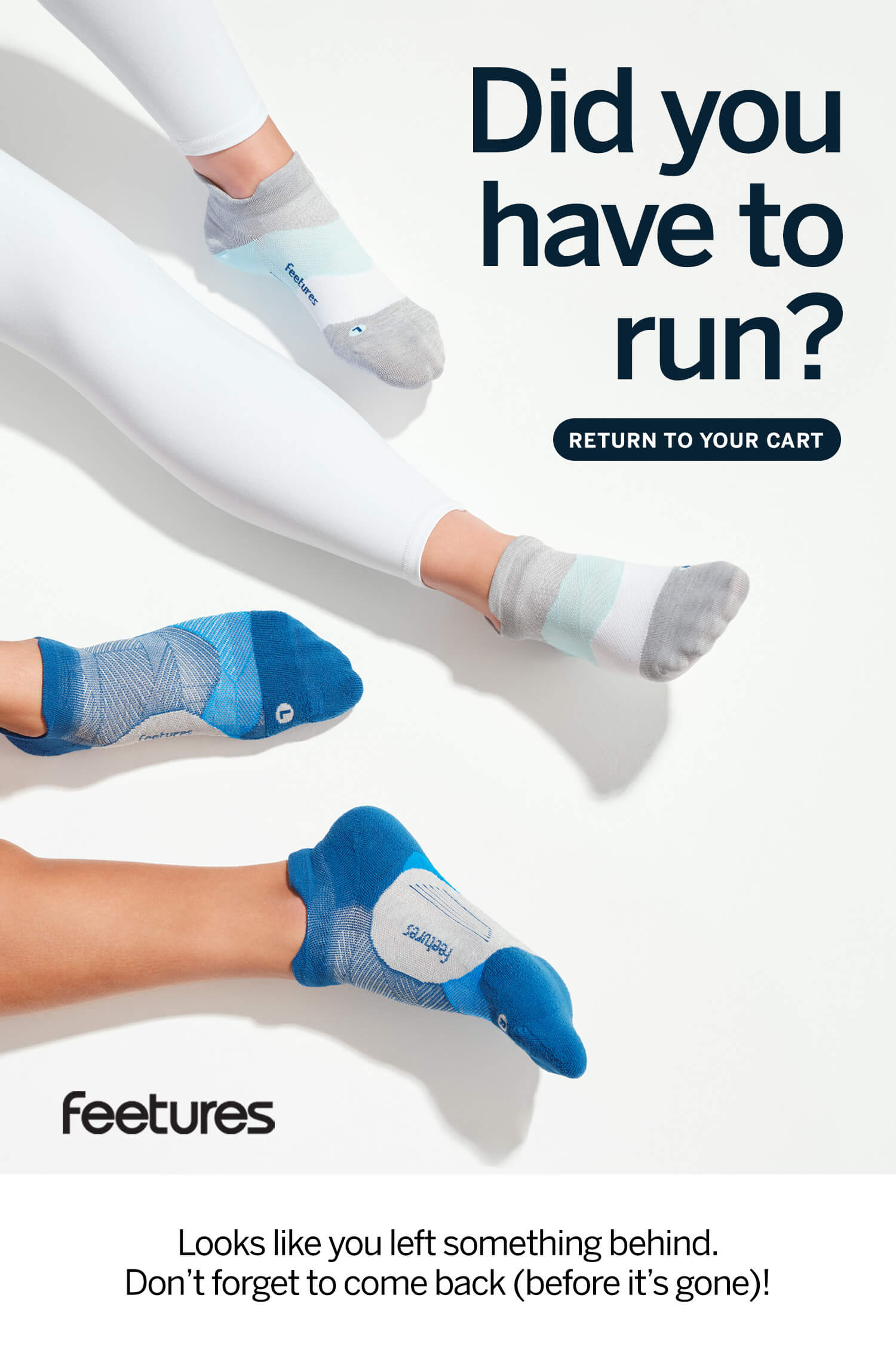 Two people wearing Feetures Elite Tabs sitting on a white background. Did you have to run? Return to your cart