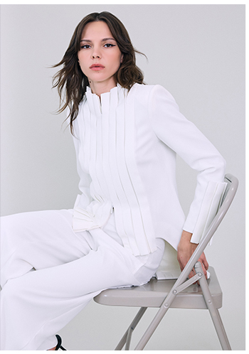 White Tuxedo-Inspired Jacket With Statement Pleating