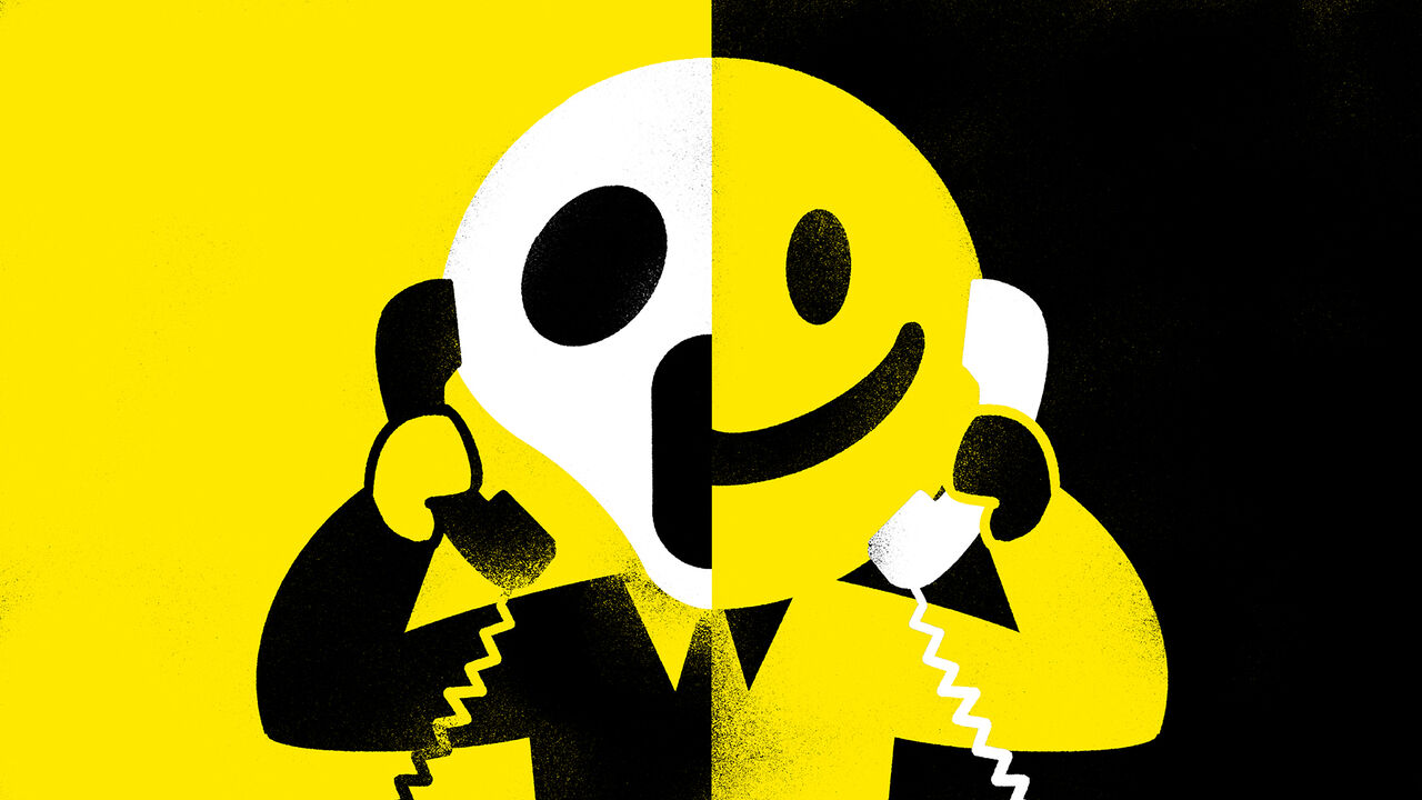 An illustration of a person holding two telephones. The left side of the face is the Scream by Munch, and the other side is a happy smiley. 