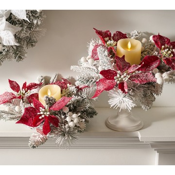 Set of 2 Flocked Poinsettia Candle Rings by Valerie