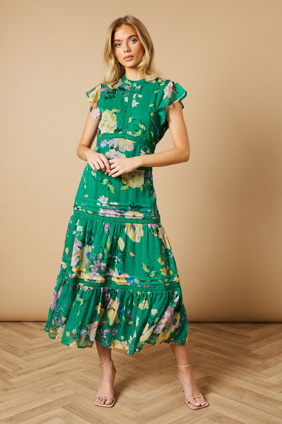 Floral Printed Chiffon Lace Insert Dress