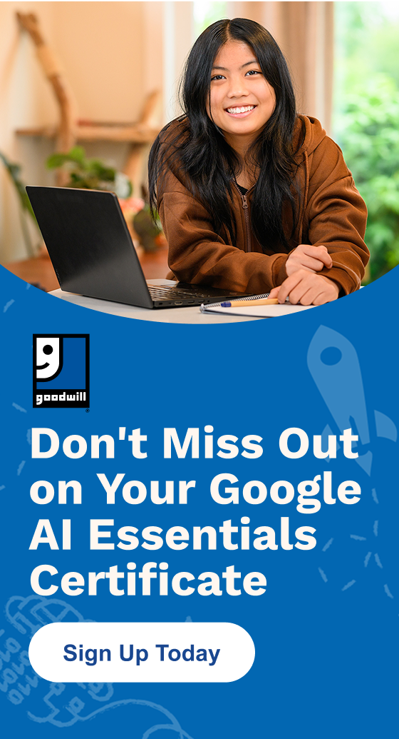 A young woman smiles next to text promoting a Google AI Essentials Certificate: "Don't Miss Out on Your Google AI Essentials Certificate. Sign Up Today"