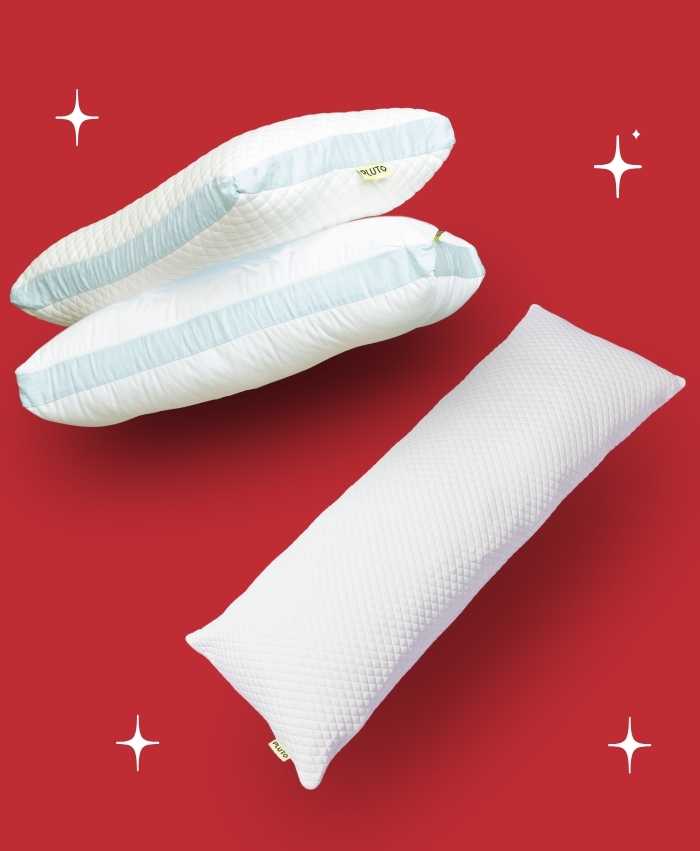 a group of pillows on a red background