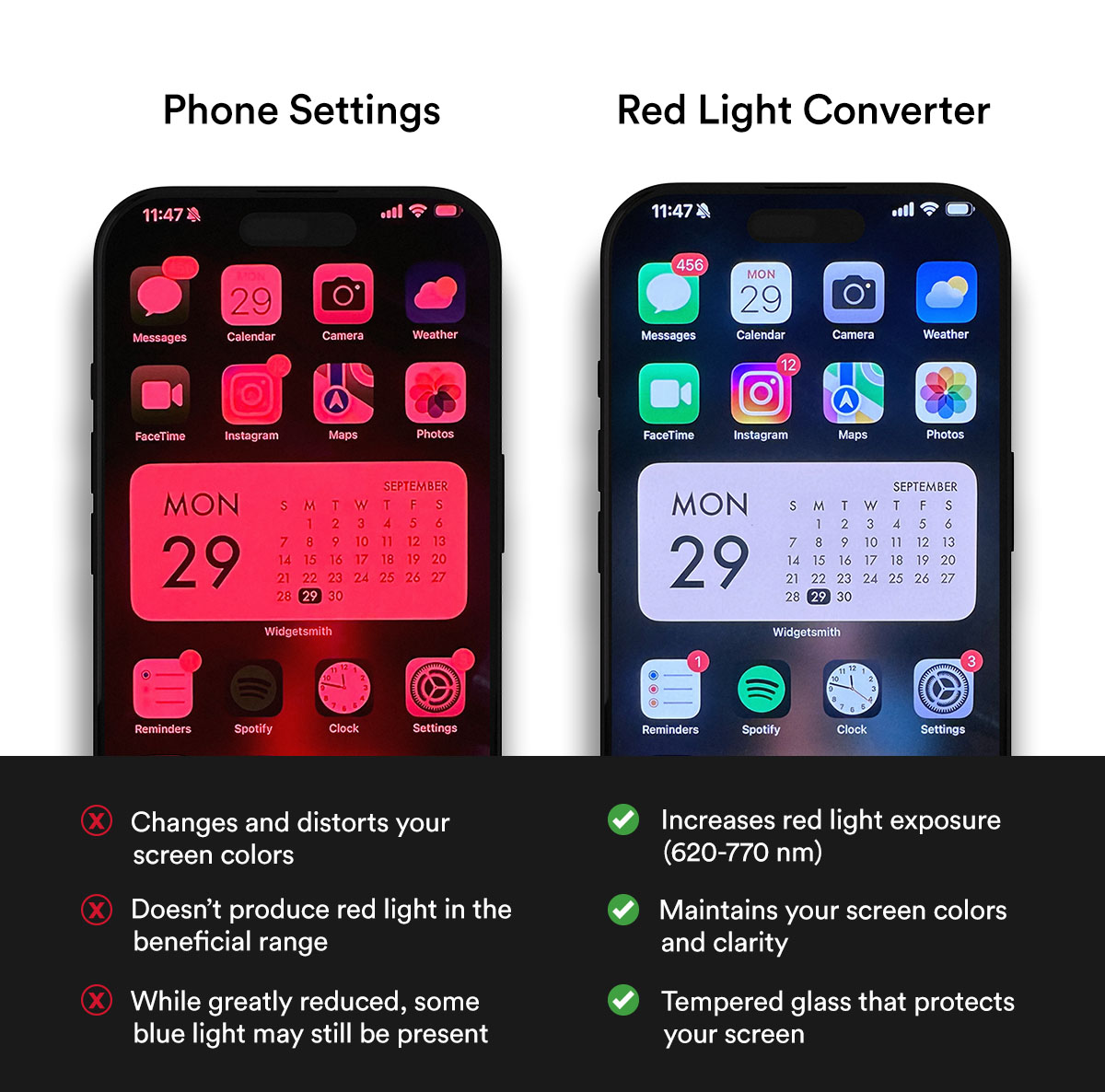 See the difference between Red Light Converter and your phone settings.
