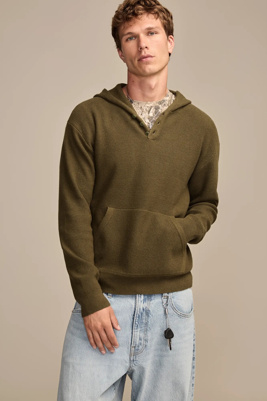 Image of Lucky Brand Henley Hoodie - Men's Clothing Tops Tees Henley Shirt in Olive Night