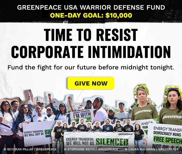 GREENPEACE USA WARRIOR DEFENSE FUND ONE-DAY GOAL: $10,000 | Time to resist _(CORPORATE INTIMIDATION/ BILLIONAIRE OLIGARCHS/BIG OIL BULLIES)_ Fund the fight for our future before midnight tonight. Images from left to right: Greenpeace Africa volunteers stand in solidarity with Greenpeace US © Seyuran Pillay / Greenpeace |  Greenpeace Team at Energy Transfer vs Greenpeace Trial In North Dakota © Stephanie Keith / Greenpeace |   Free Speech Message Delivered to Energy Transfer in Dallas by Greenpeace Activists © Laura Buckman / Greenpeace