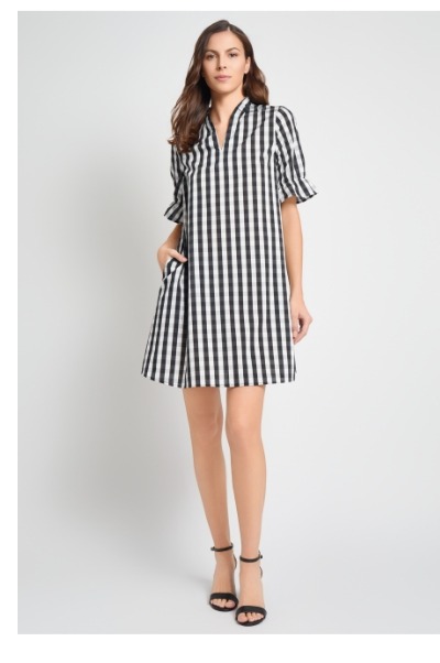 Ruffle Detail Cotton Shift Dress, Black/White