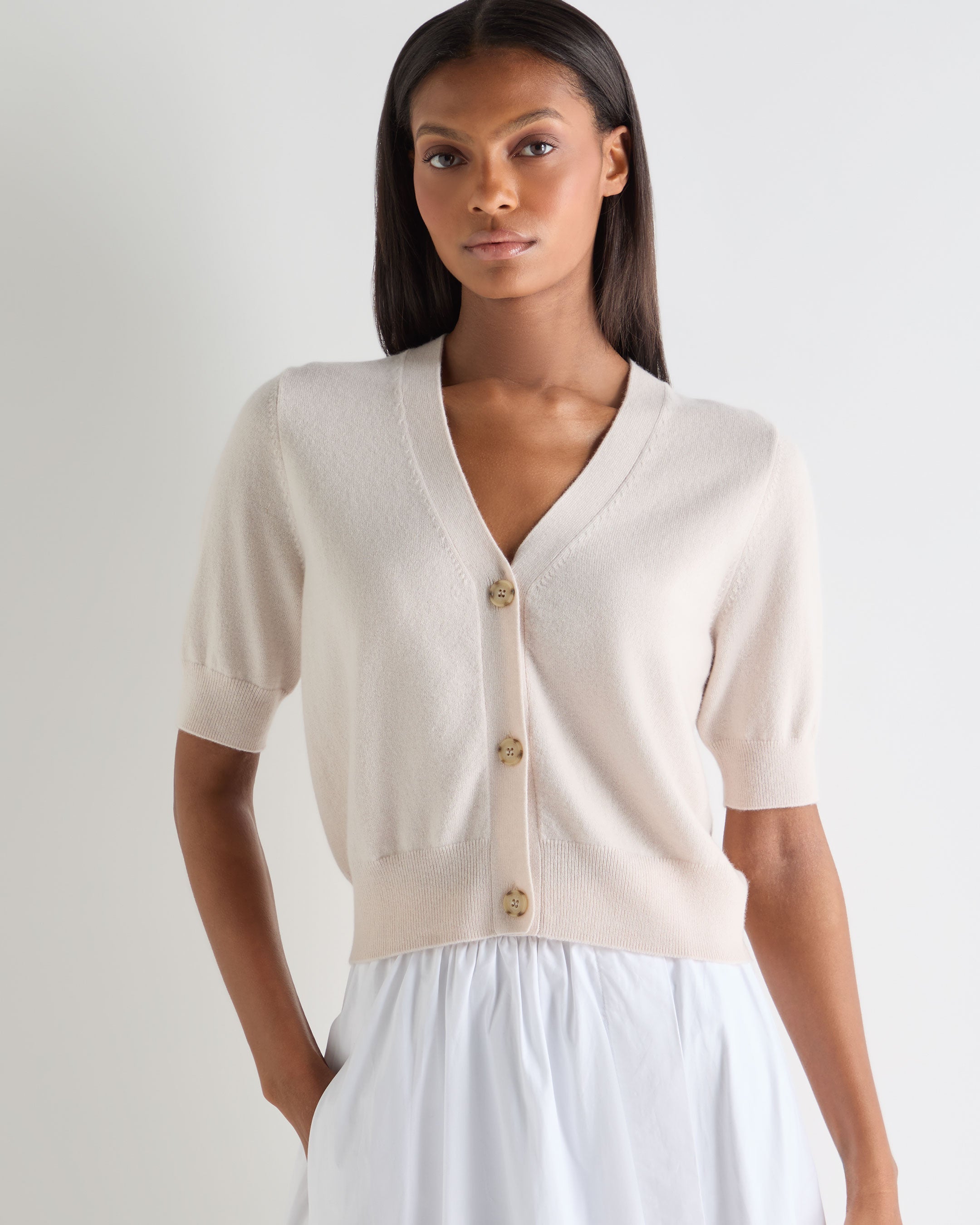 Image of Women's Clara V Neck Cashmere Cardigan Dove Pink