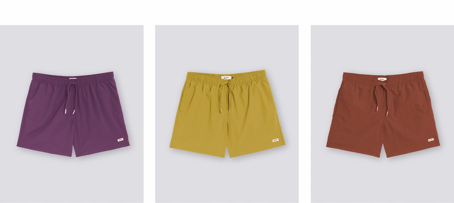 The classic swim trunk in grape, hay and brick.