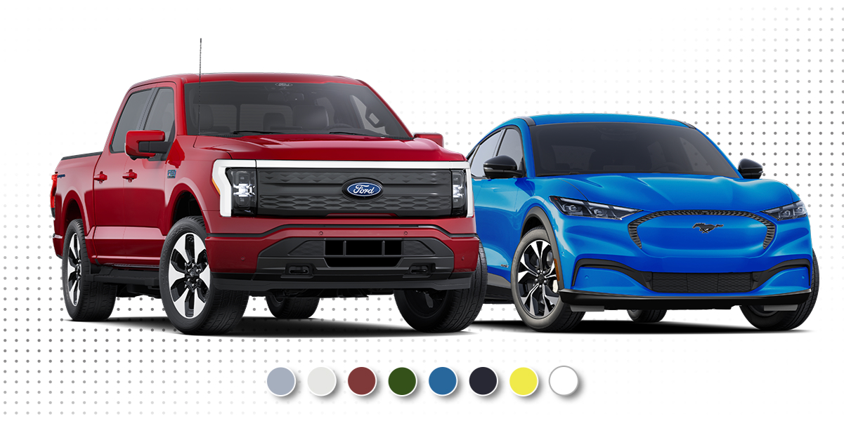 A red 2025 Ford F‑150&reg; Lightning&trade;️ truck and blue 2025 Ford Mustang Mach‑E&reg; SUV lined up, superimposed on a white background with grey dots with color swatches underneath