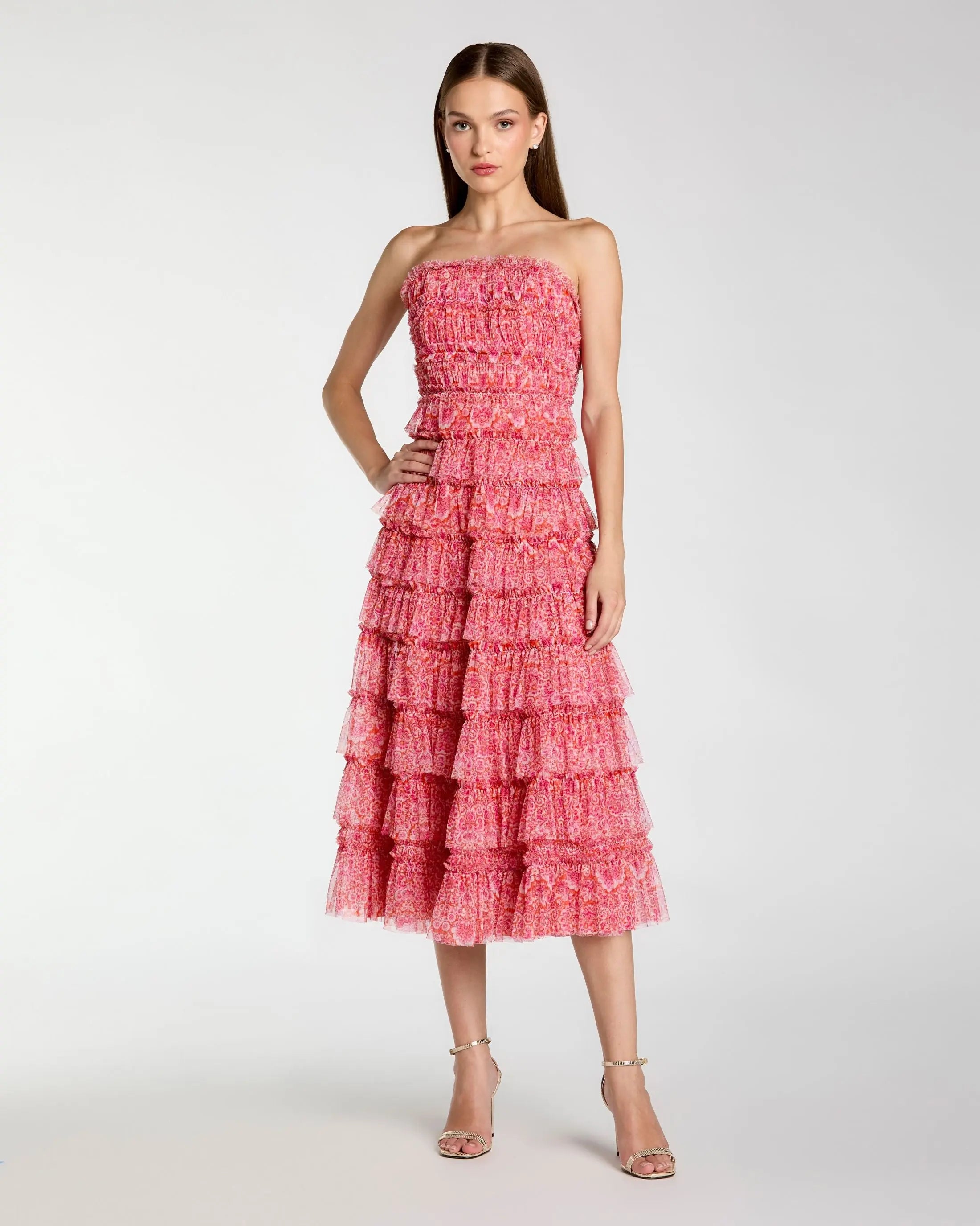 Image of Pink Floral Strapless Ruffle Maxi Dress