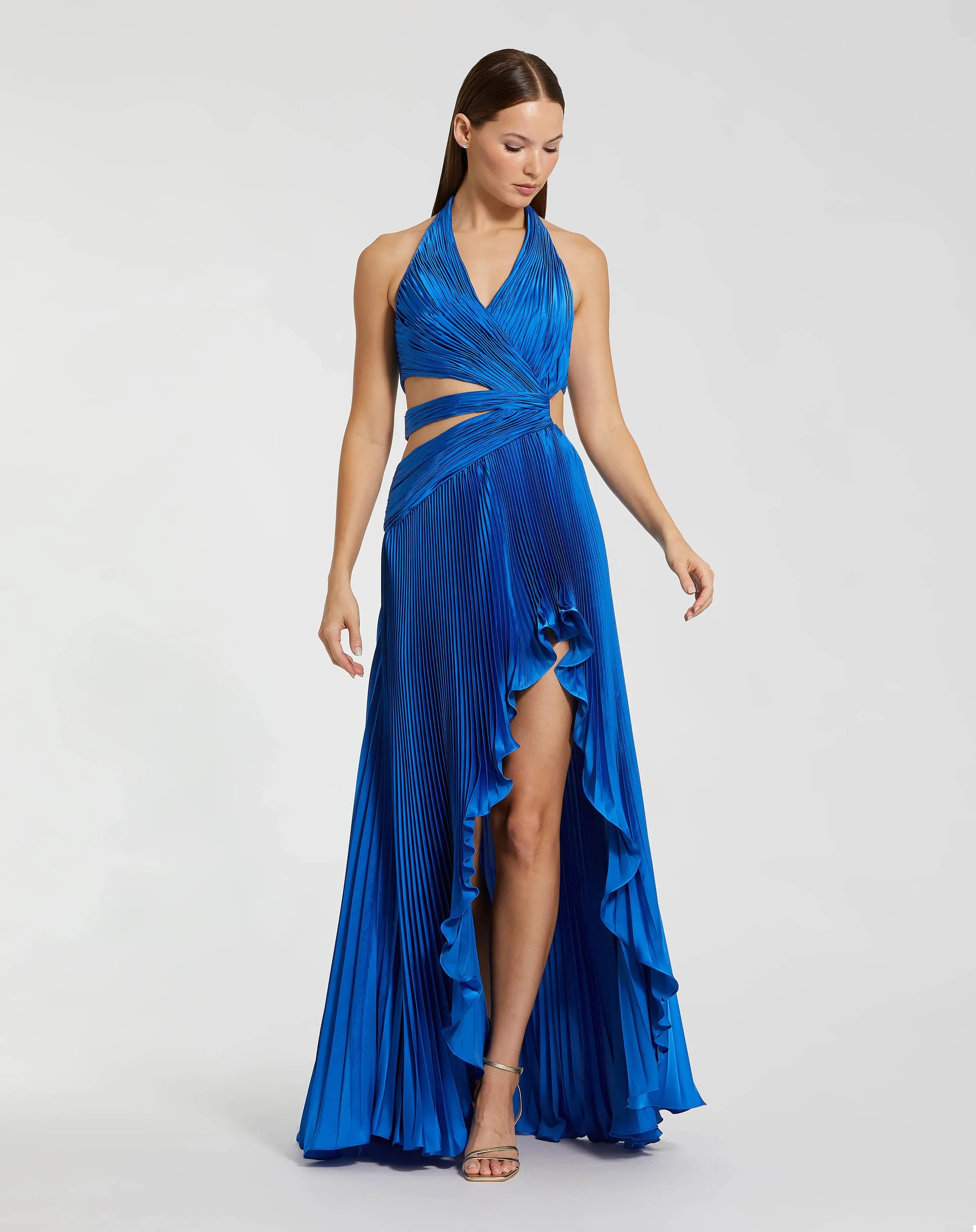 Image of Blue Pleated Charmeuse Halter Cutout Gown