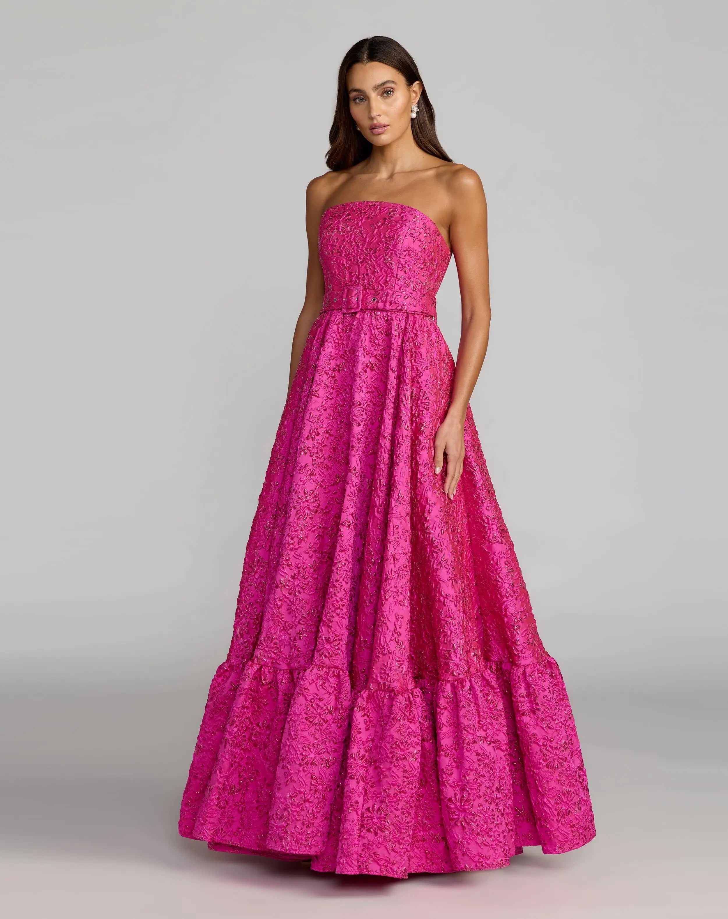 Image of Pink Strapless Floral Brocade Ball Gown With Belt