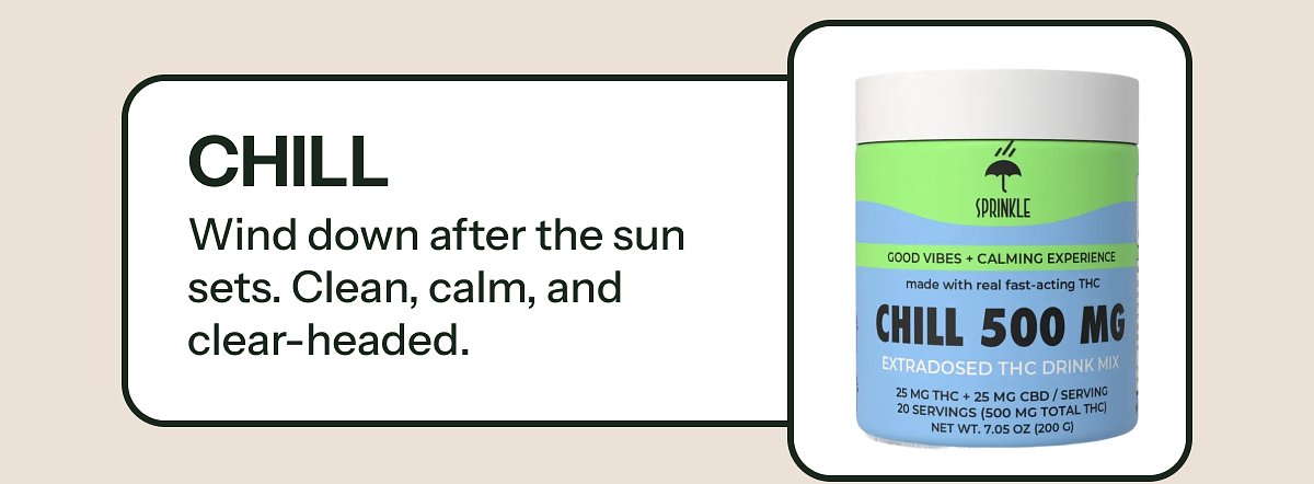 Chill 500 mg THC drink mix with calming experience details.