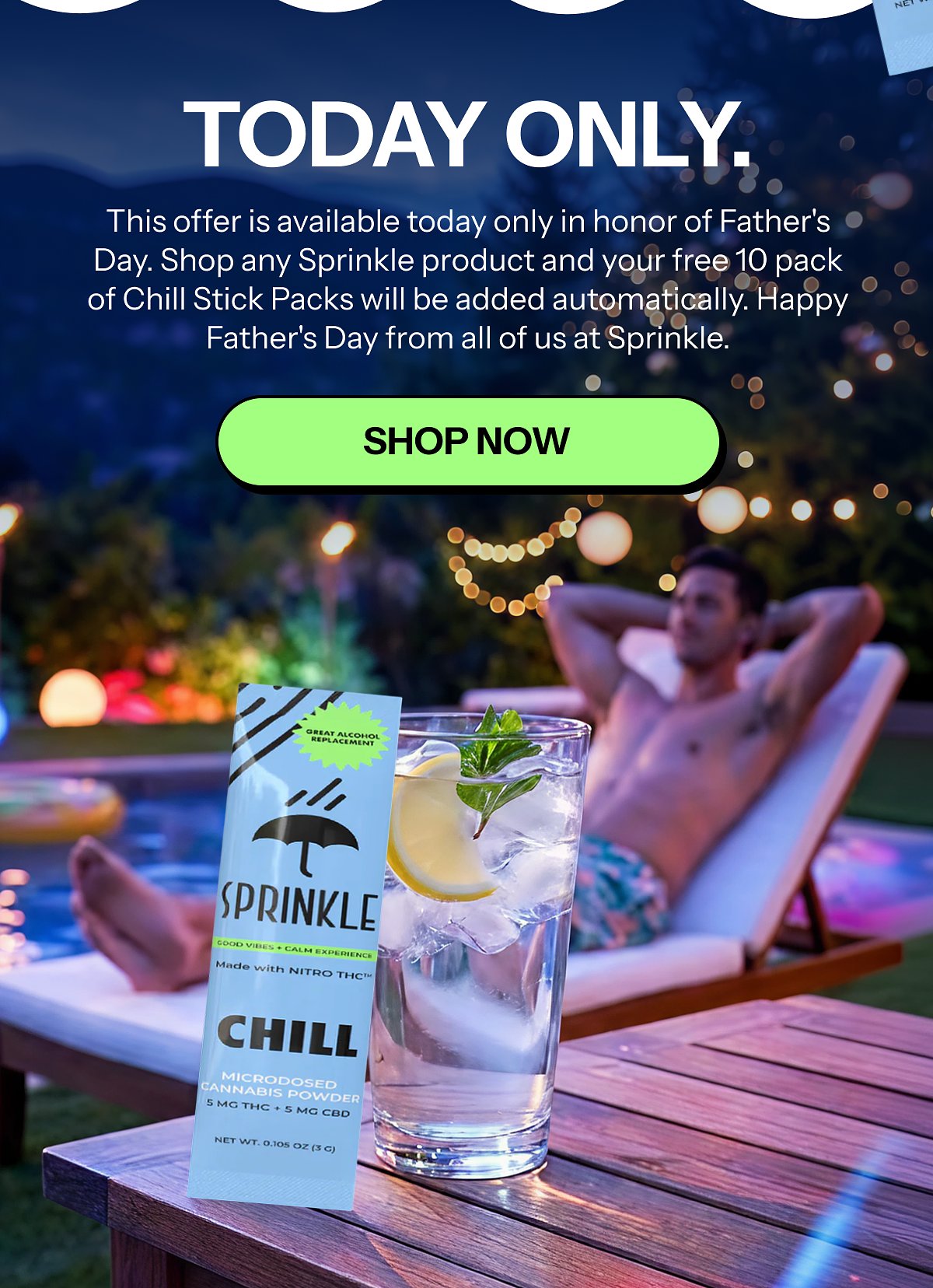 A man relaxing by a pool with a drink, surrounded by lights, promoting a Father's Day offer.
