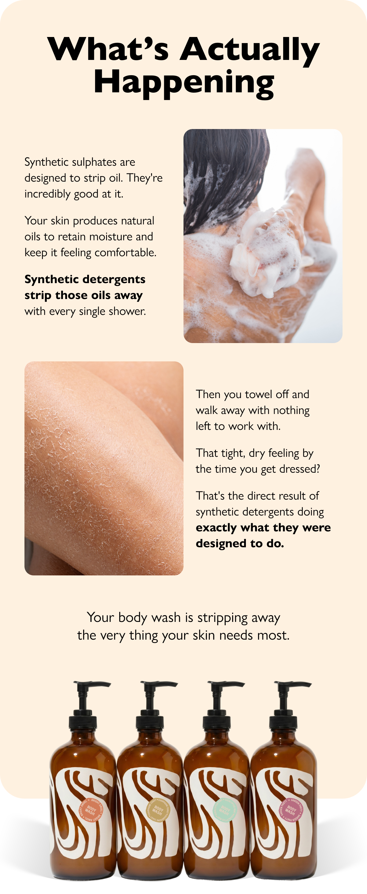 What’s Actually  Happening Synthetic sulphates are designed to strip oil. They're incredibly good at it. Your skin produces natural oils to retain moisture and keep it feeling comfortable. Synthetic detergents strip those oils away with every single shower. Then you towel off and walk away with nothing left to work with. That tight, dry feeling by the time you get dressed?  That's the direct result of synthetic detergents doing exactly what they were designed to do. Your body wash is stripping away the very thing your skin needs most.