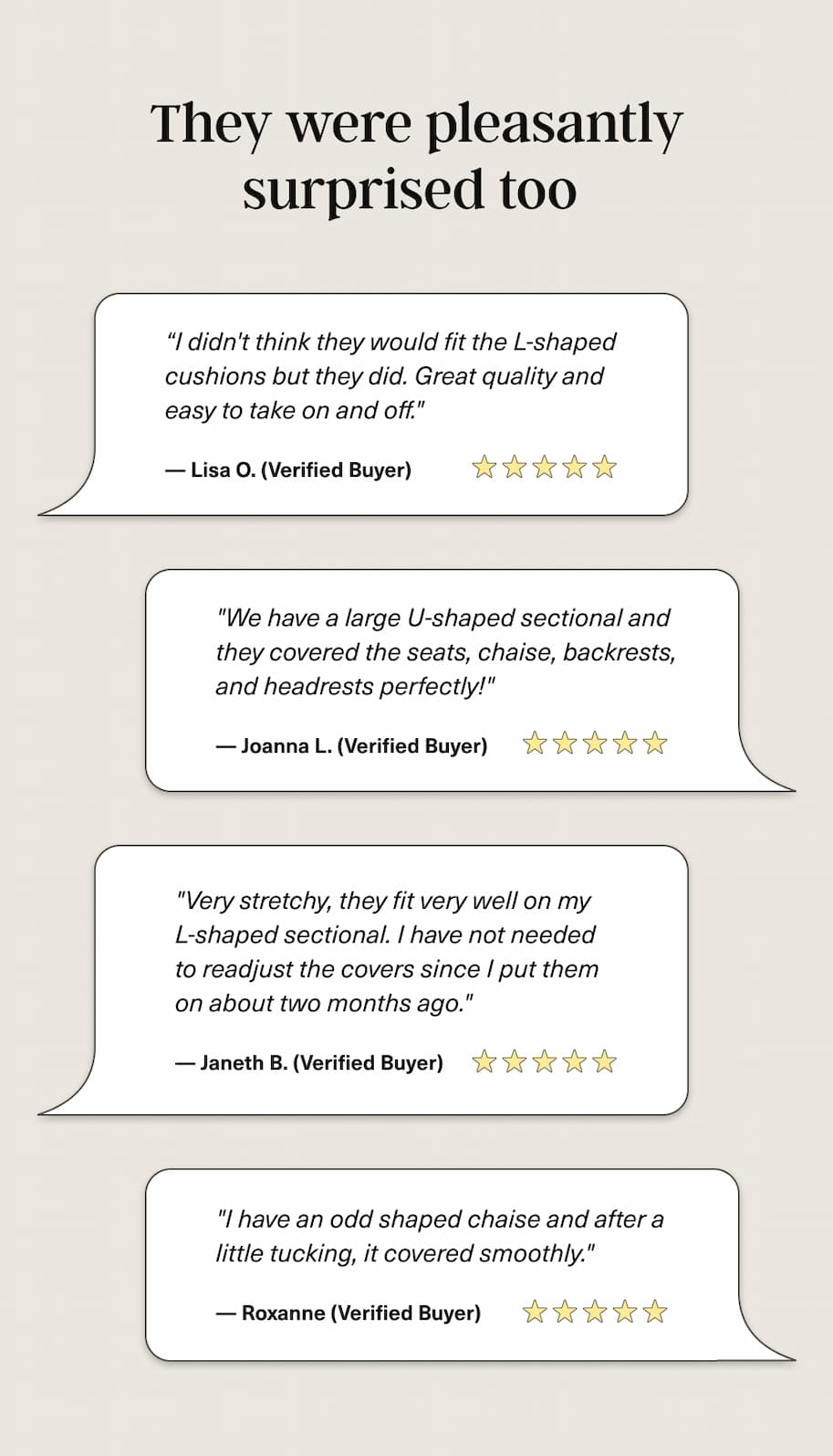 Reviews of verified buyers that were surprised Nolan covers could fit their different-shaped sectionals. 