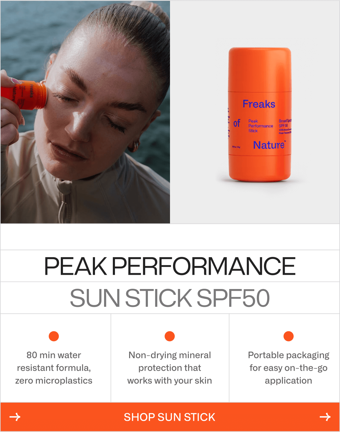 Freaks of Nature Sun Stick SPF50 designed for high-performance sun protection in cold conditions.