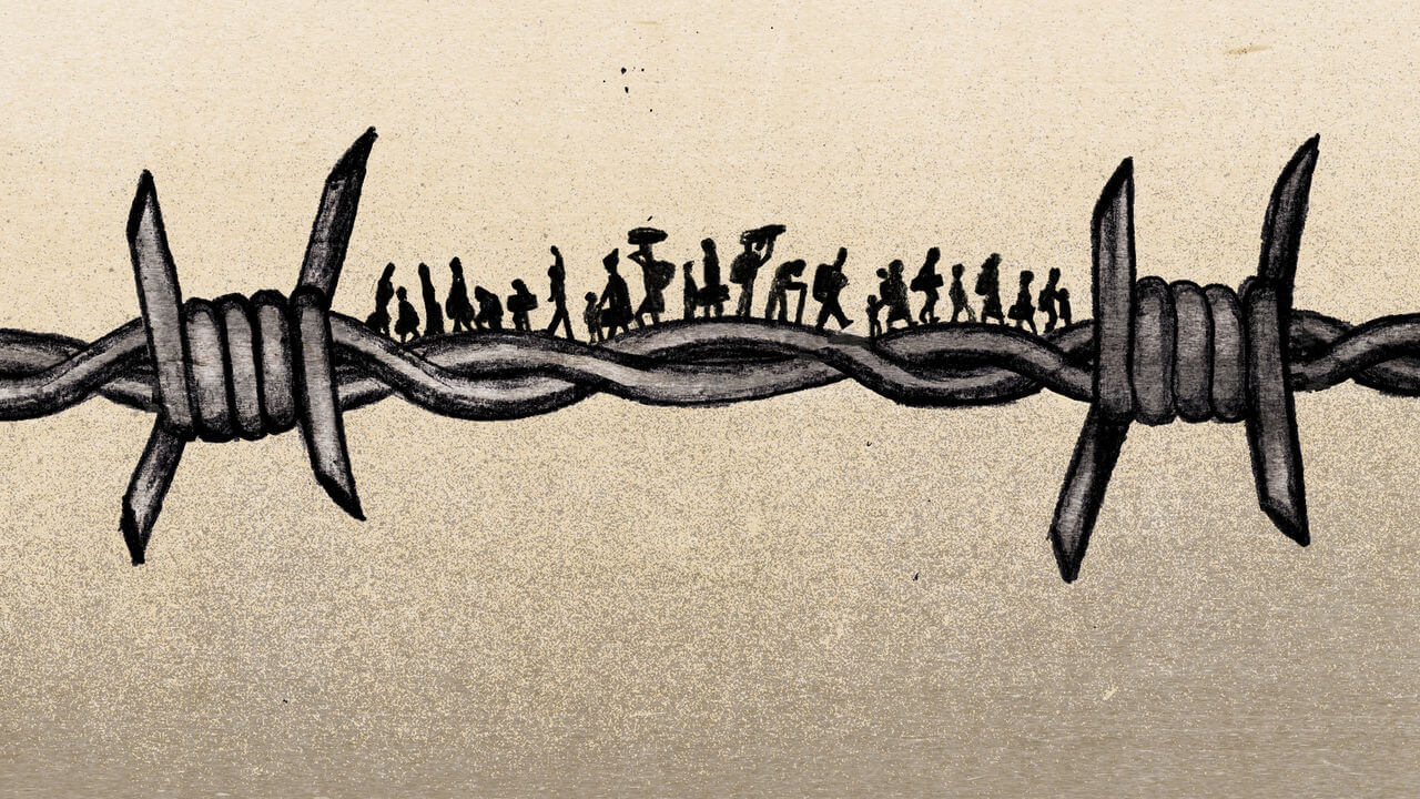 illustration of a barbed wire fence with small silhouettes of people walking along its twisted strands