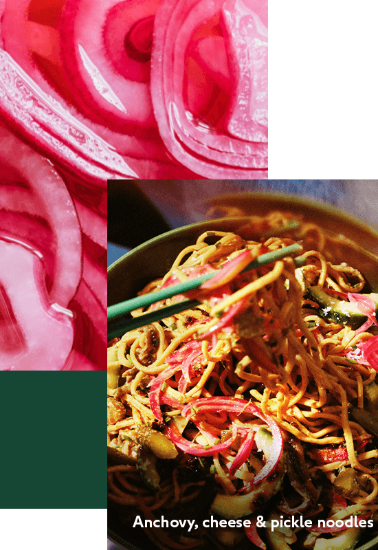 Anchovy, cheese & pickle noodles