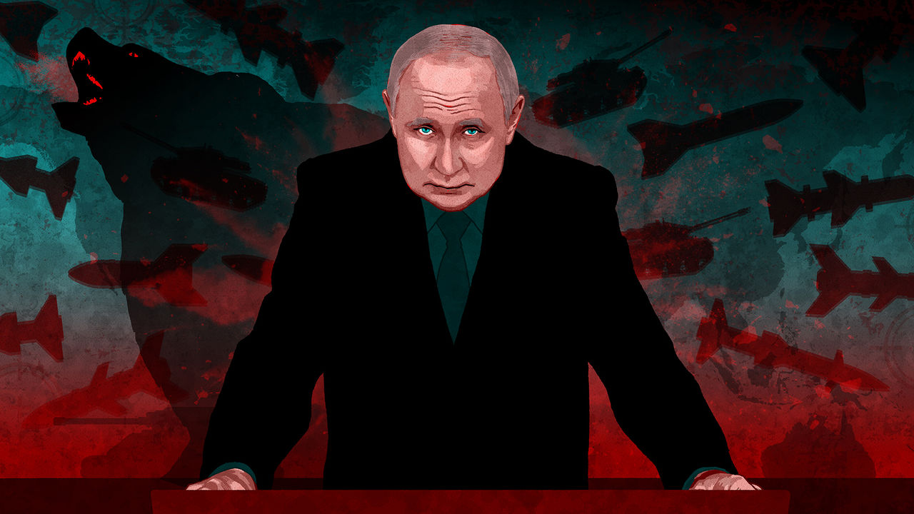 An illustration depicting Putin's military expansion and his growing threat to the West.