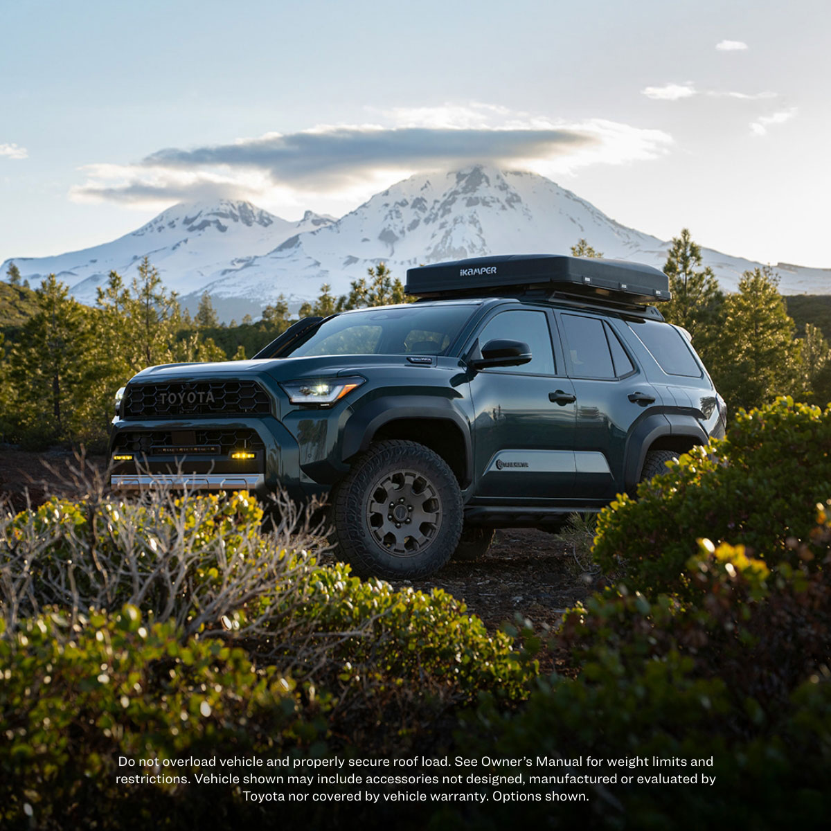 do not overload vehicle and properly secure roof load. See Owner's Manual for weight limits and restrictions. Vehicle shown may include accessories not designed, manufactured or evaluated by Toyota nor covered by vehicle warranty. Options shown.