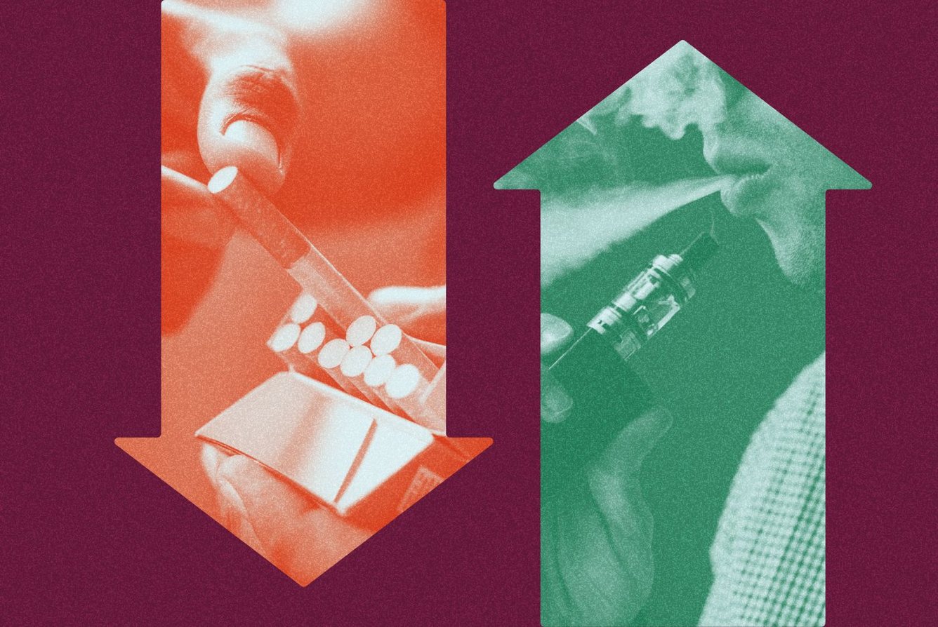 A graphic of up and down arrows next to each other, the down arrow is red and shows a close-up photo of a person pulling a cigarette out of a pack, and the up arrow is green with a close-up photo of a person vaping.