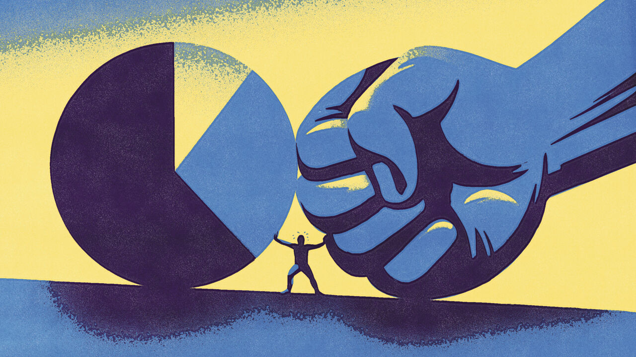 Illustration of a small human figure standing between a large pie chart and an enormous blue fist, appearing to struggle as if holding them apart.