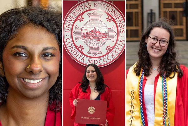 Photo: A collage of three students in red smiling for a camera.