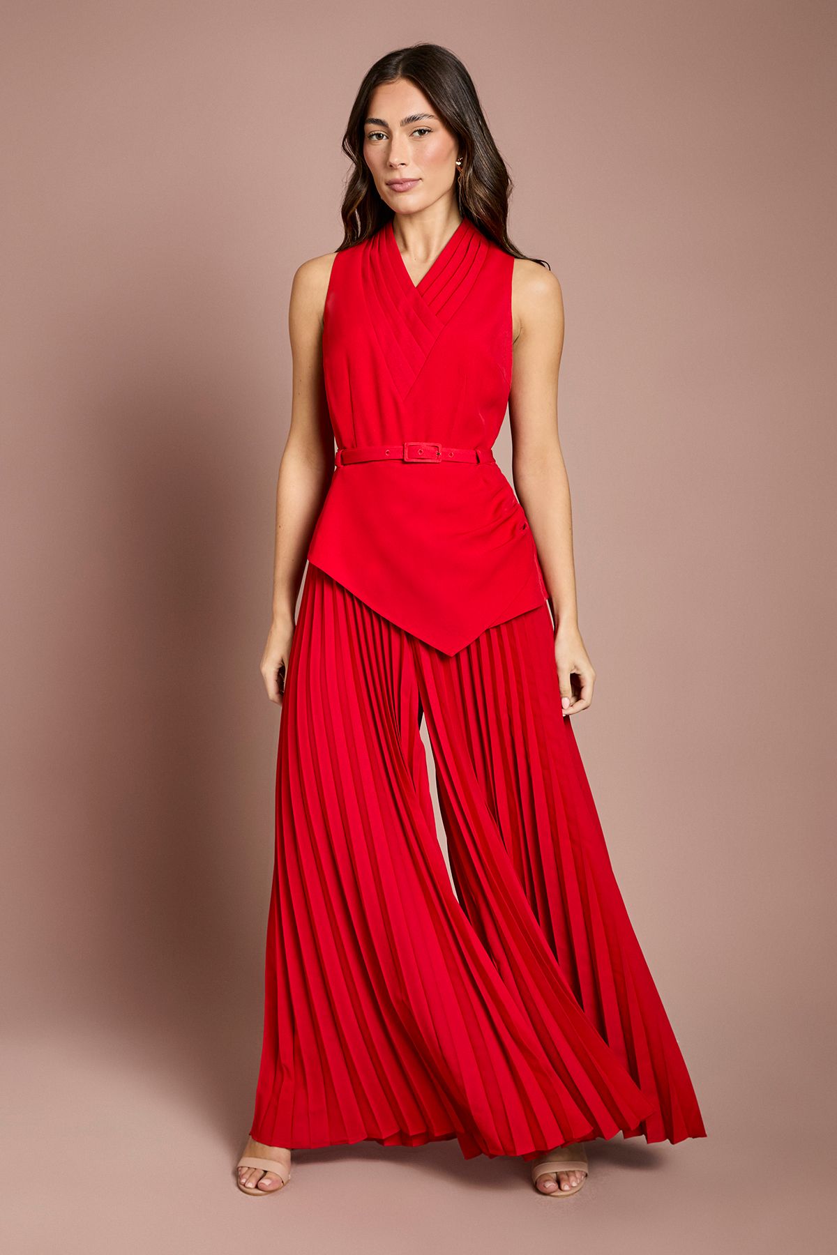Pleated Neckline Belted Jumpsuit