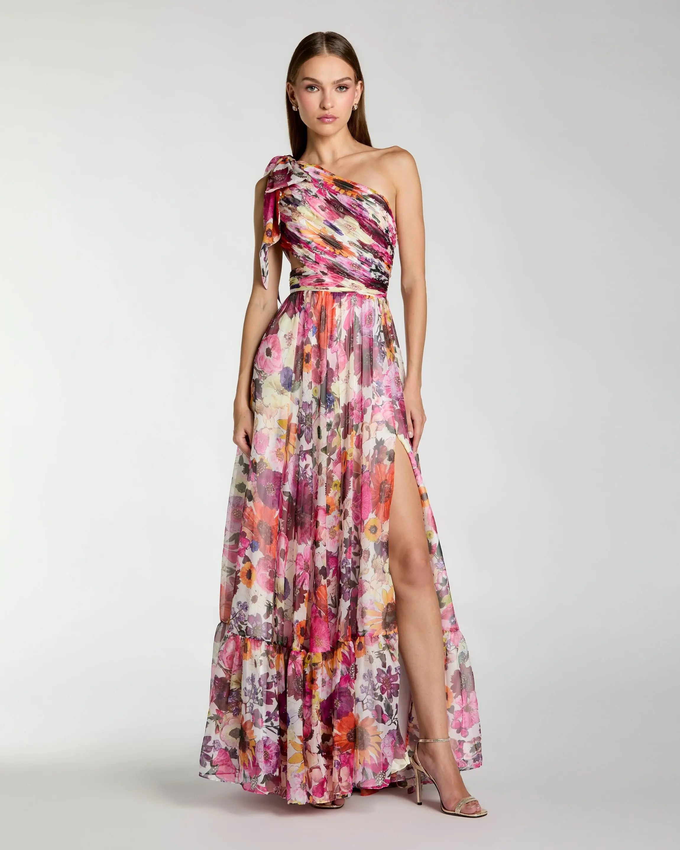 Image of Multicolor One Shoulder Floral Printed Chiffon Side Cut Out Gown