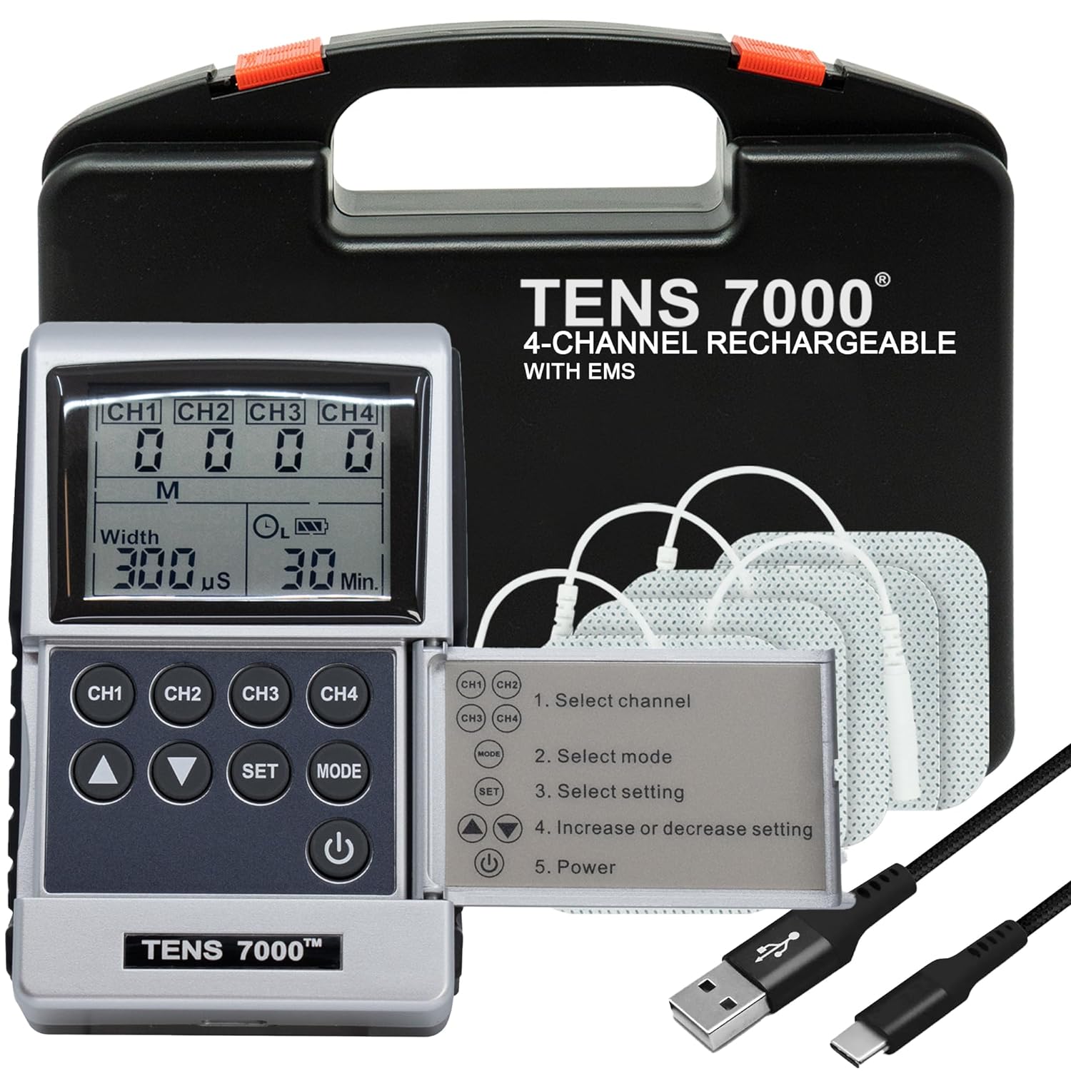 Image of TENS 7000 Rechargeable TENS and EMS Combo Unit, Four Channel