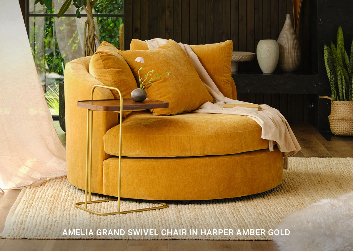 AMELIA GRAND SWIVEL CHAIR IN HARPER AMBER GOLD