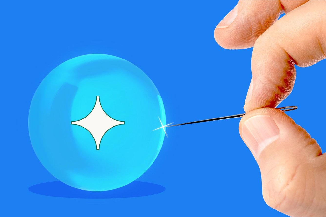 A hand holding a needle to a bubble with an AI symbol inside
