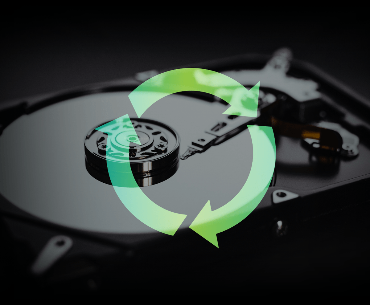 A hard drive with a green circular arrow overlay, symbolizing data recovery or recycling. The tone is technological and futuristic.