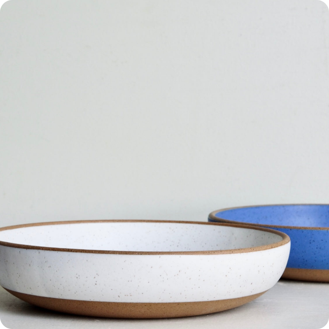 medium white and blue serving dishes on white background