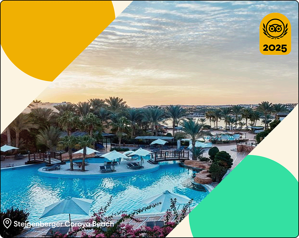 Image Description: Waterfront resort with tropical nature surrounding a pool. Two large yellow and green bubbles frame the photo with a Travelers’ Choice Awards Best of the Best 2025 yellow logo in the upper right hand corner. There is a location pin in the left hand corner and text that reads Steigenberger Coraya Beach.
