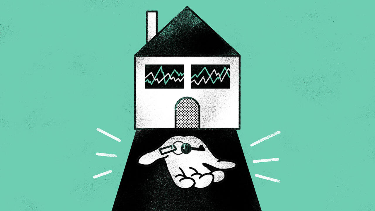 Illustration of a house with financial chart lines in its windows. A large hand extends from the house's base, holding a key