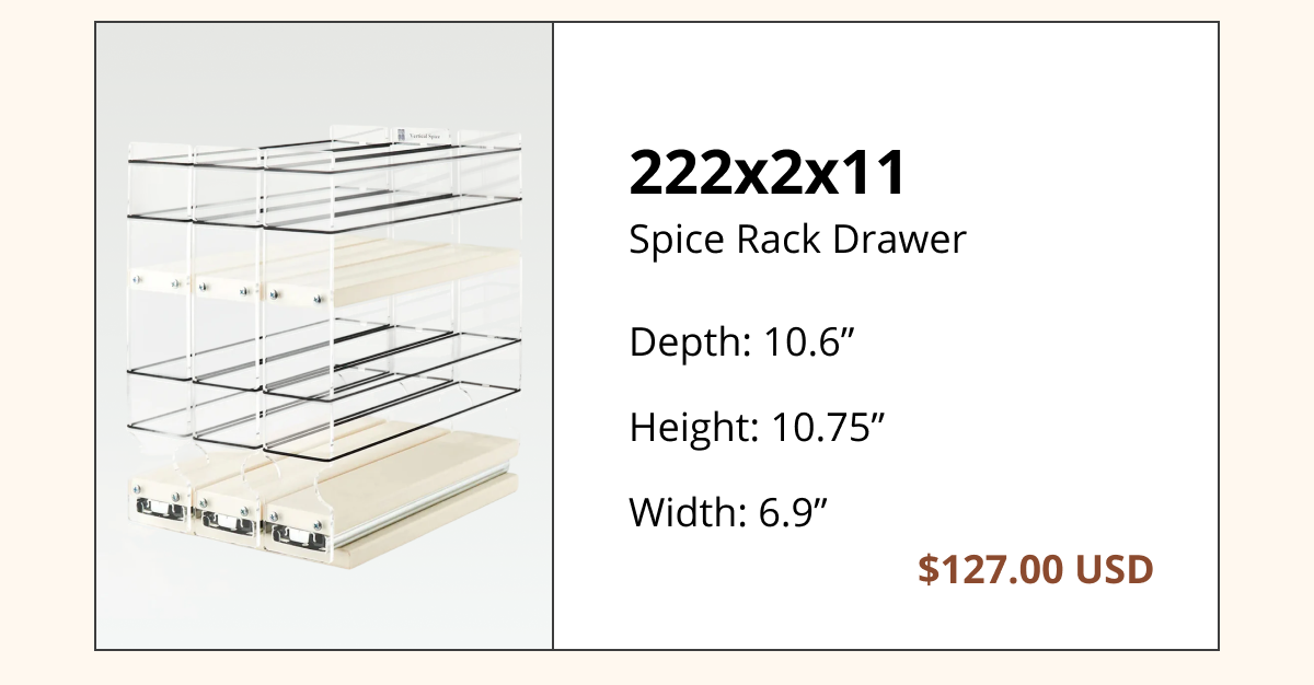 product card for 222x2x11 spice rack drawer showing a two-tier pull-out spice organizer with dimensions 10.6 inch depth, 10.75 inch height, 6.9 inch width, priced at $127.00 usd
