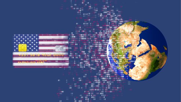 A U.S. credit card dissolves into digital data, transforming into a globe